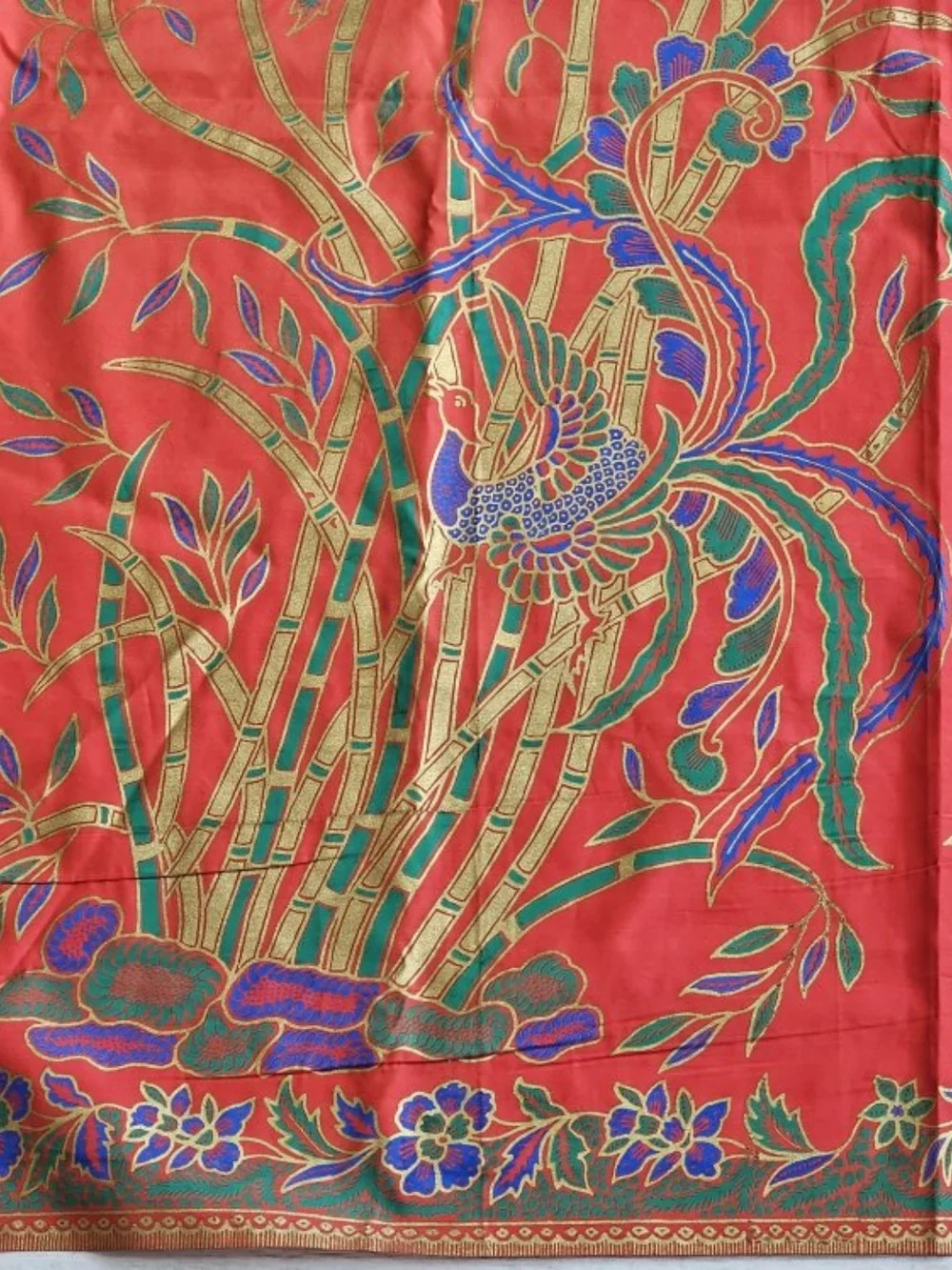 Vintage Asian Phoenix Bamboo Tablecloth Wall Hanging Red Gold 75x43 Textile